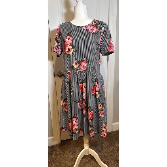 LuLaRoe Dresses & Skirts - LuLaRoe Blue White Stripe Pink Pansy Peony Dress 2XL Unicorn 22/24 Side Pocket